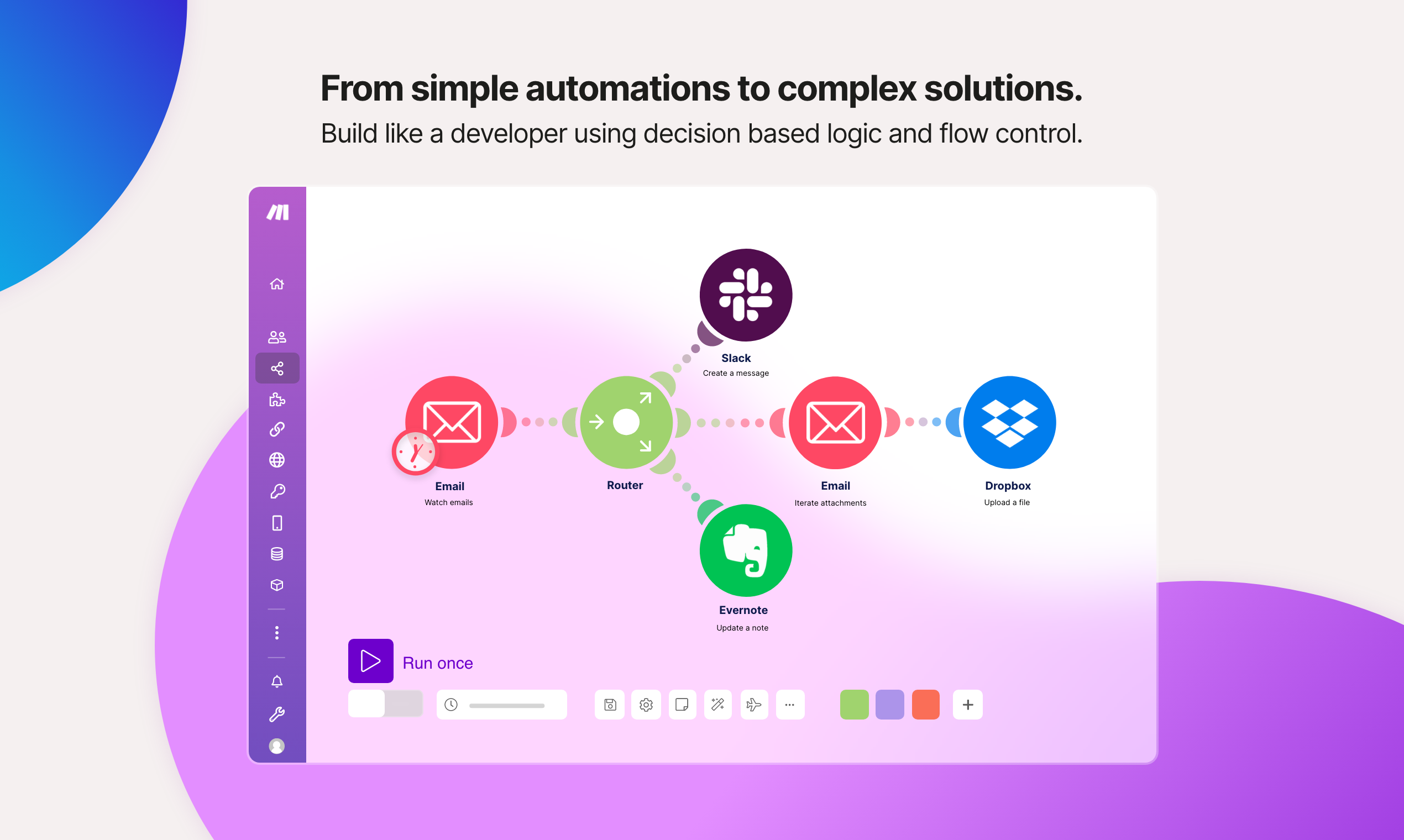 Make visual automation builder using decision-based logic and flow control, serving as a powerful visual alternative to n8n.