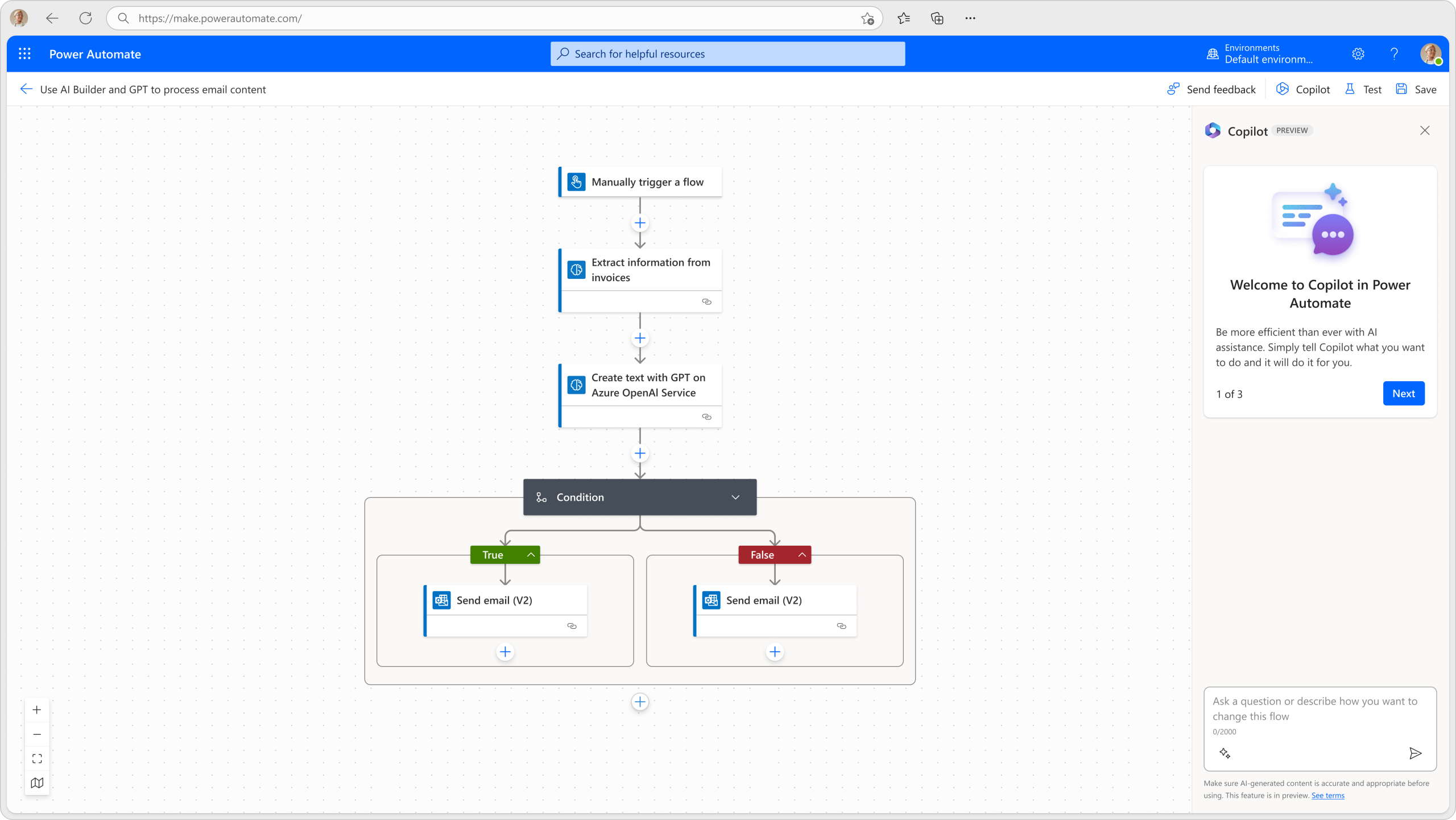 Microsoft Power Automate cloud flow interface featuring AI Copilot assistant for document processing, evaluated among enterprise n8n alternatives.