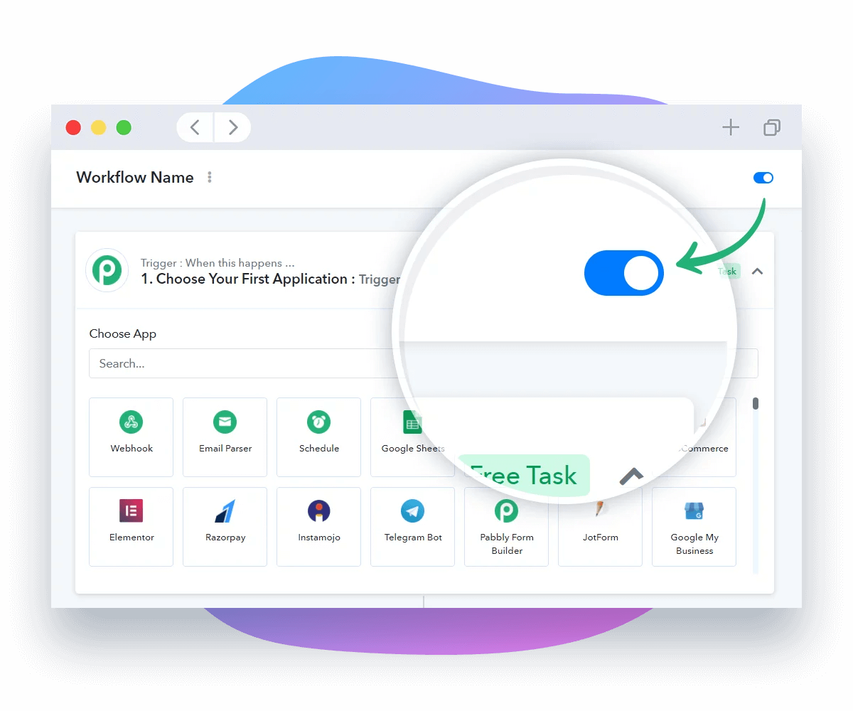 A screenshot of Pabbly Connect displaying a workflow trigger setup with an application search bar and a grid of popular integrations like Webhook, Google Sheets, and Telegram Bot, highlighted by a toggle switch. This app integration feature is useful for evaluating alternatives to n8n.