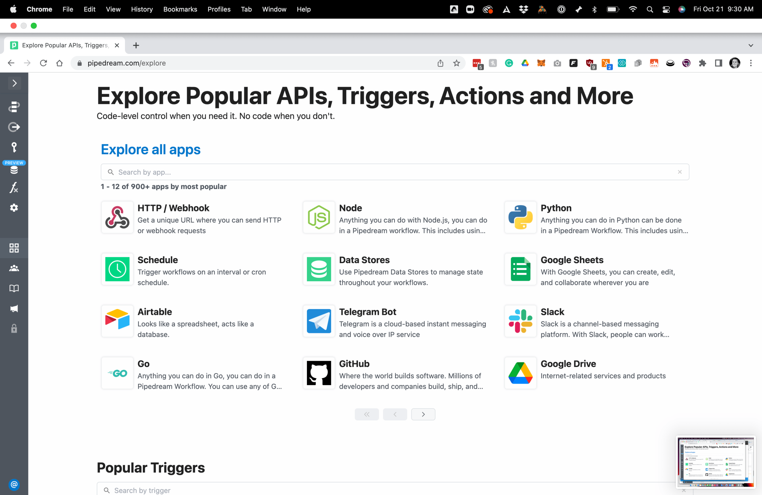 A screenshot of a Pipedream an exploration directory of popular APIs, triggers, and code-level actions including Node, Python, and Google Sheets. This developer-friendly app library view is useful for comparing alternatives to n8n.
