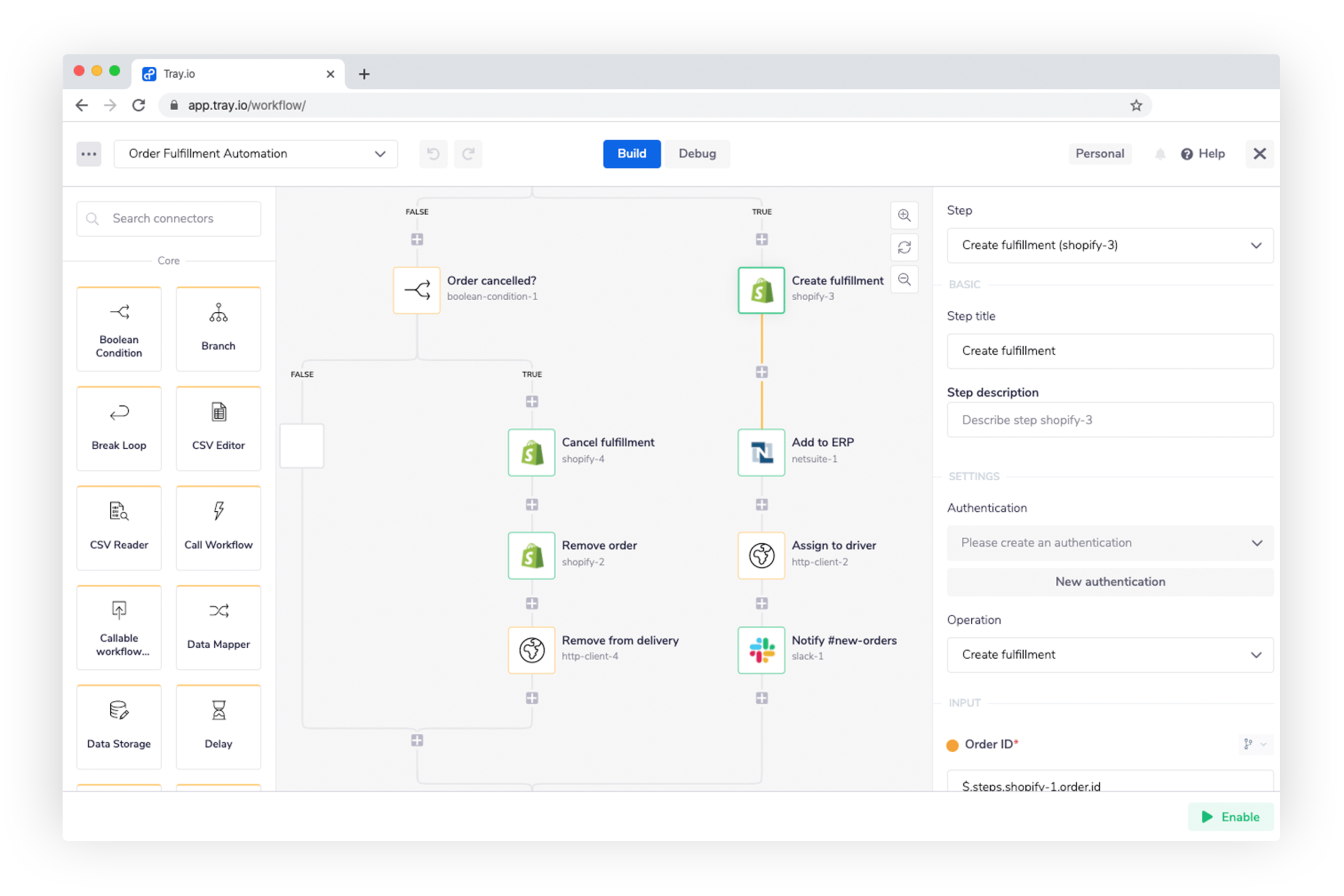 Tray.io low-code workflow builder mapping out order fulfillment with Shopify and NetSuite, highlighted as a scalable alternative to n8n.