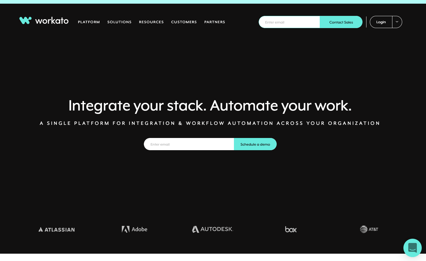 Workato platform homepage interface showcasing enterprise integration and workflow automation as one of the top n8n alternatives for large teams.