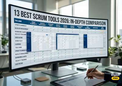 A widescreen monitor displays a comprehensive comparison table titled "13 Best Scrum Tools 2026: In-Depth Comparison," featuring various software interfaces, feature checklists, and user ratings. In the foreground, a person's hand uses a stylus on a tablet, with the Digest PRO logo in the bottom right corner.