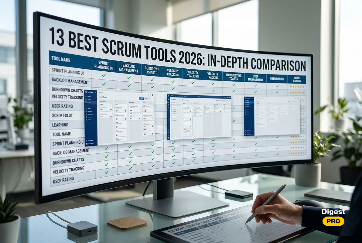 A widescreen monitor displays a comprehensive comparison table titled "13 Best Scrum Tools 2026: In-Depth Comparison," featuring various software interfaces, feature checklists, and user ratings. In the foreground, a person's hand uses a stylus on a tablet, with the Digest PRO logo in the bottom right corner.