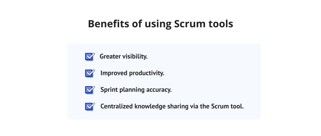 A checklist titled "Benefits of using Scrum tools" highlighting four advantages: Greater visibility, Improved productivity, Sprint planning accuracy, and Centralized knowledge sharing via the Scrum tool.