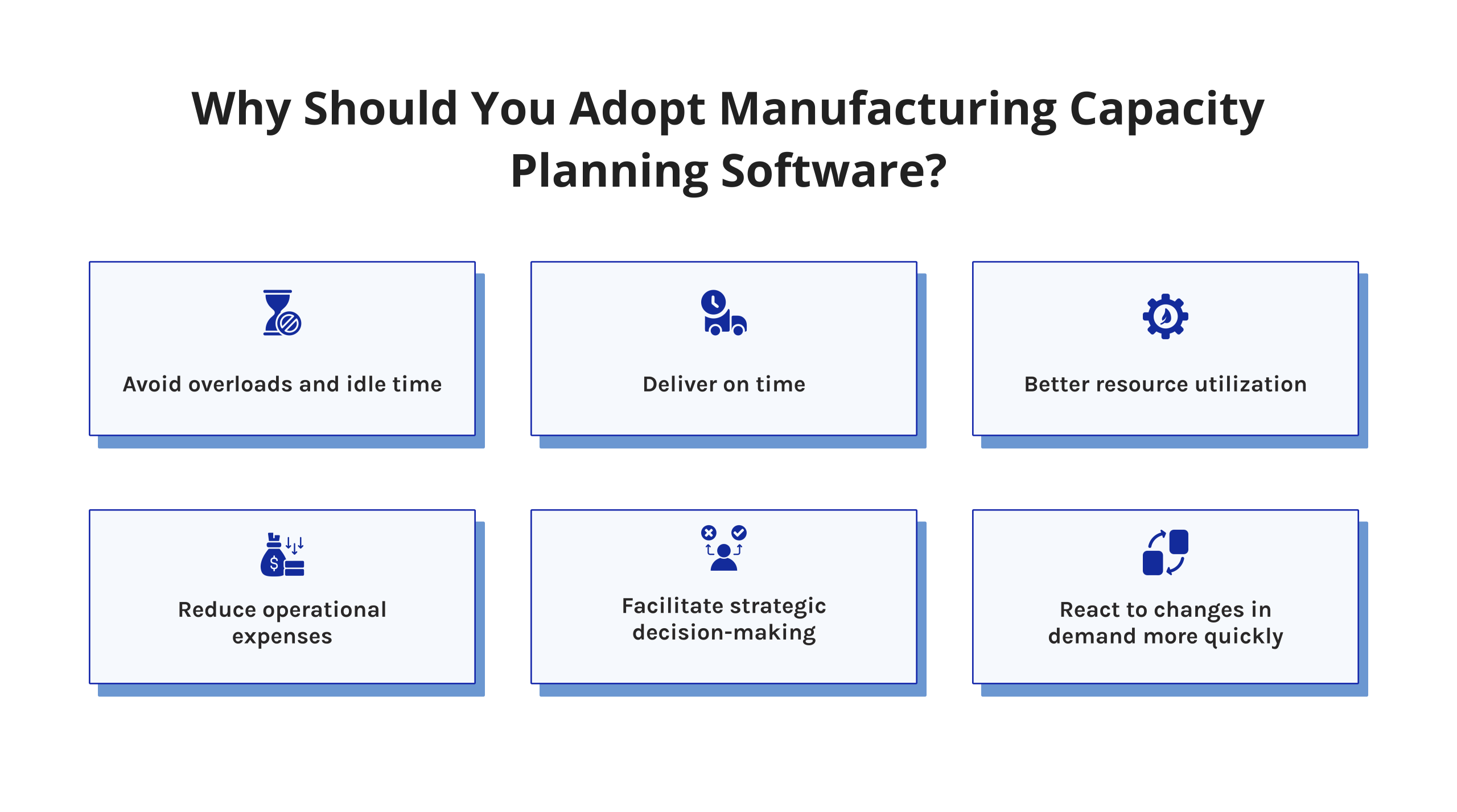 Why Should You Adopt Manufacturing Capacity Planning Software? Avoid overloads and idle time. Deliver on time. Better resource utilization. Reduce operational expenses. Facilitate strategic decision-making. React to changes in demand more quickly.