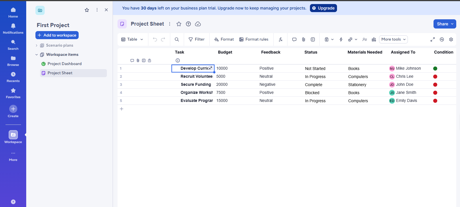 Smartsheet interface screenshot