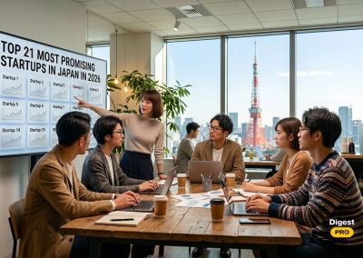 Group of Japanese professionals in a modern office meeting, with a woman presenting. A screen shows the text 'TOP 21 MOST PROMISING STARTUPS IN JAPAN IN 2026' and several small graphs. The background features a large window with a clear view of Tokyo Tower and the cityscape.
