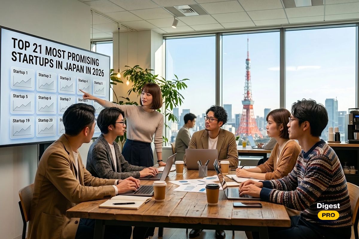 Group of Japanese professionals in a modern office meeting, with a woman presenting. A screen shows the text 'TOP 21 MOST PROMISING STARTUPS IN JAPAN IN 2026' and several small graphs. The background features a large window with a clear view of Tokyo Tower and the cityscape.