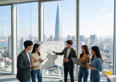 A team of young professionals collaborating around a whiteboard titled "K-STARTUP 2026 PLAN" with growth graphs and pie charts inside a modern skyscraper office overlooking the Seoul skyline and Lotte World Tower. This workplace collaboration scene is useful for illustrating the top South Korean startups to watch in 2026.