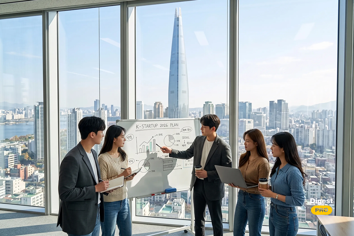 A team of young professionals collaborating around a whiteboard titled "K-STARTUP 2026 PLAN" with growth graphs and pie charts inside a modern skyscraper office overlooking the Seoul skyline and Lotte World Tower. This workplace collaboration scene is useful for illustrating the top South Korean startups to watch in 2026.