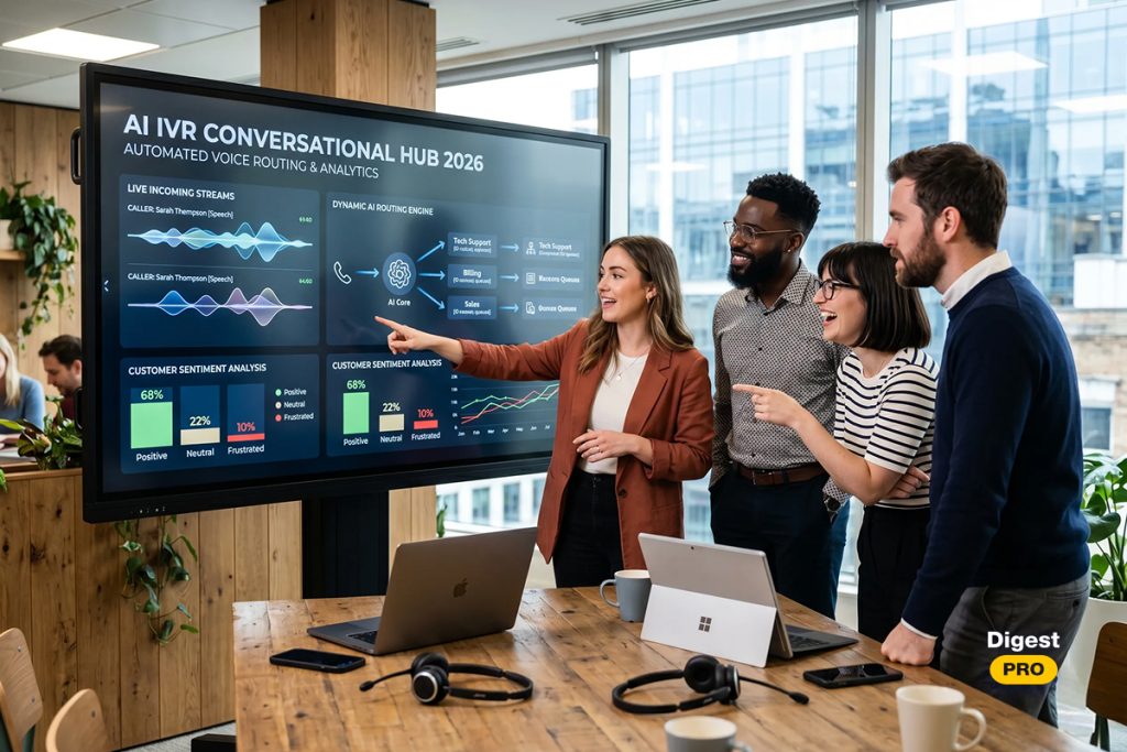 A photograph showing a diverse team of four professionals in a modern office collaborating enthusiastically around a large interactive display screen. The screen displays a complex data dashboard labeled "AI IVR CONVERSATIONAL HUB 2026," featuring visualizations for live incoming streams, dynamic AI routing, and customer sentiment analysis. Laptops and a headset are visible on the wooden conference table in the foreground.