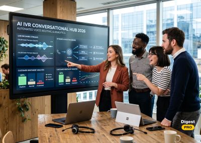A photograph showing a diverse team of four professionals in a modern office collaborating enthusiastically around a large interactive display screen. The screen displays a complex data dashboard labeled "AI IVR CONVERSATIONAL HUB 2026," featuring visualizations for live incoming streams, dynamic AI routing, and customer sentiment analysis. Laptops and a headset are visible on the wooden conference table in the foreground.