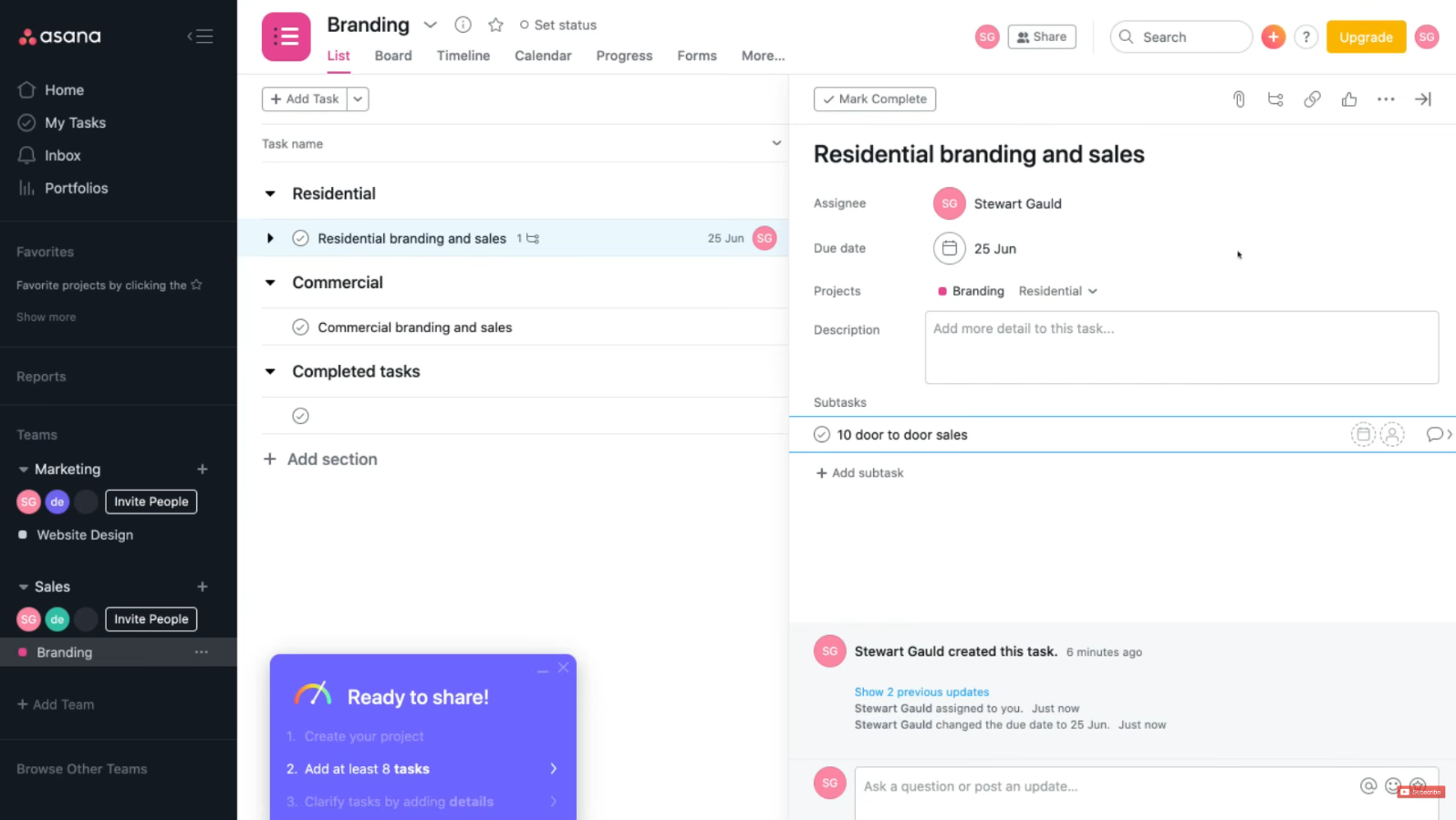 A screenshot of the Asana project management platform detailing a list view on the left and an expanded task detail pane on the right with subtasks, due dates, and assignees.