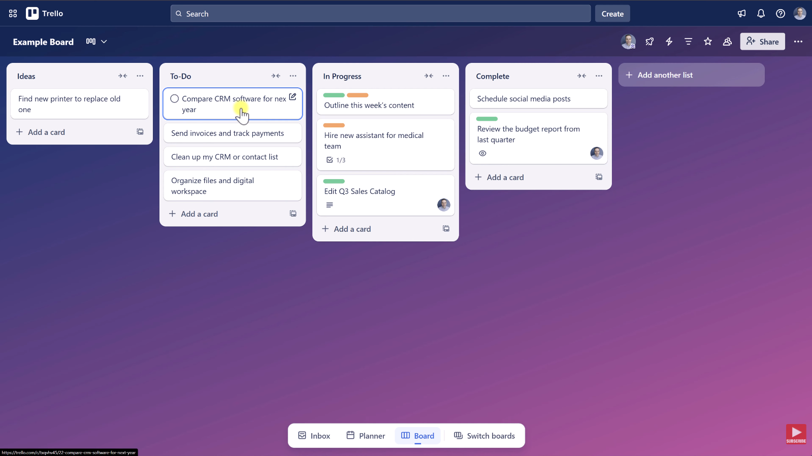 A screenshot of a Trello board with customizable columns for "Ideas," "To-Do," "In Progress," and "Complete," displaying various drag-and-drop task cards.