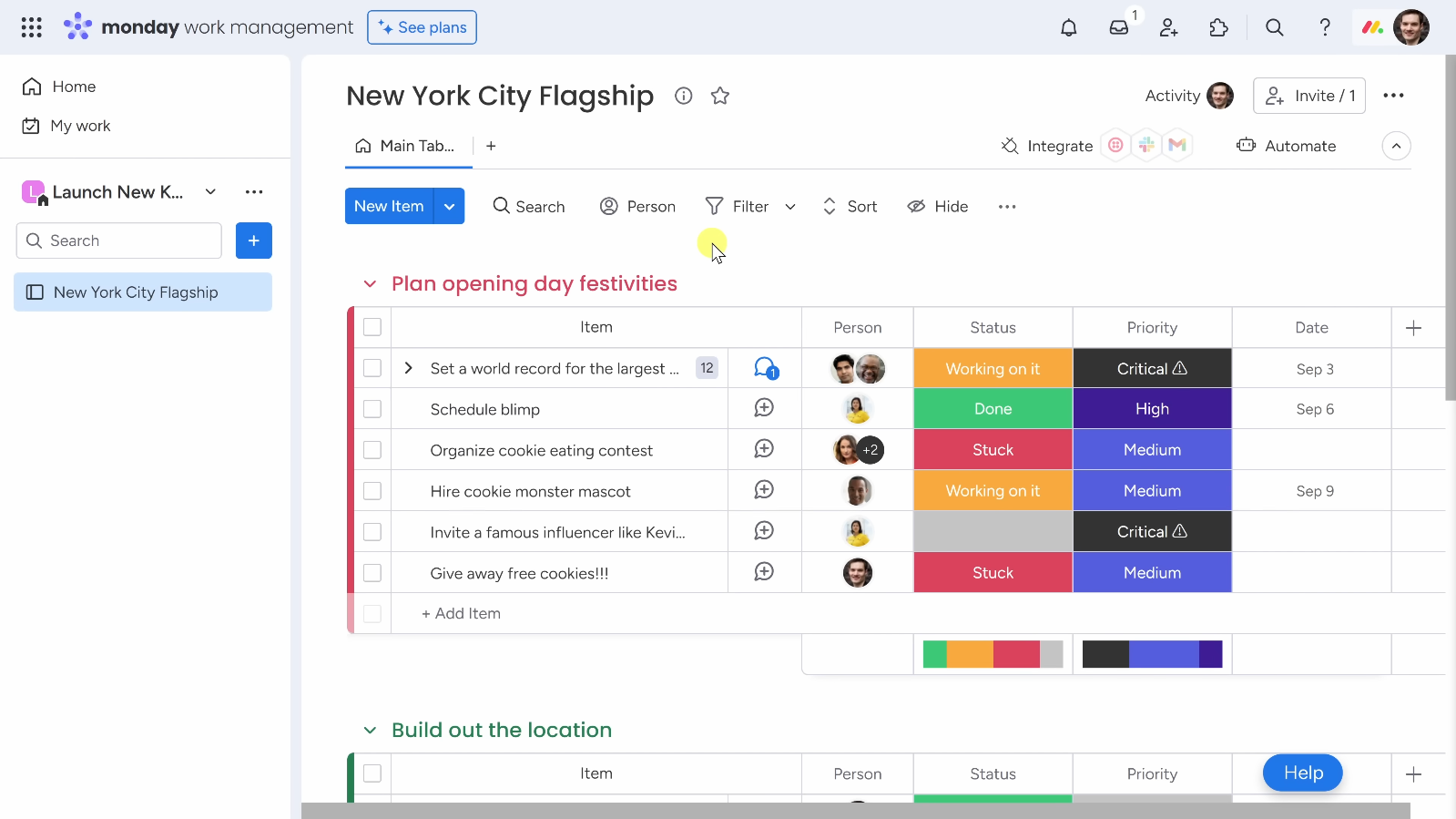 A screenshot of the Monday.com interface displaying a project board with colored status labels, task owners, and priority indicators for organizing team activities.
