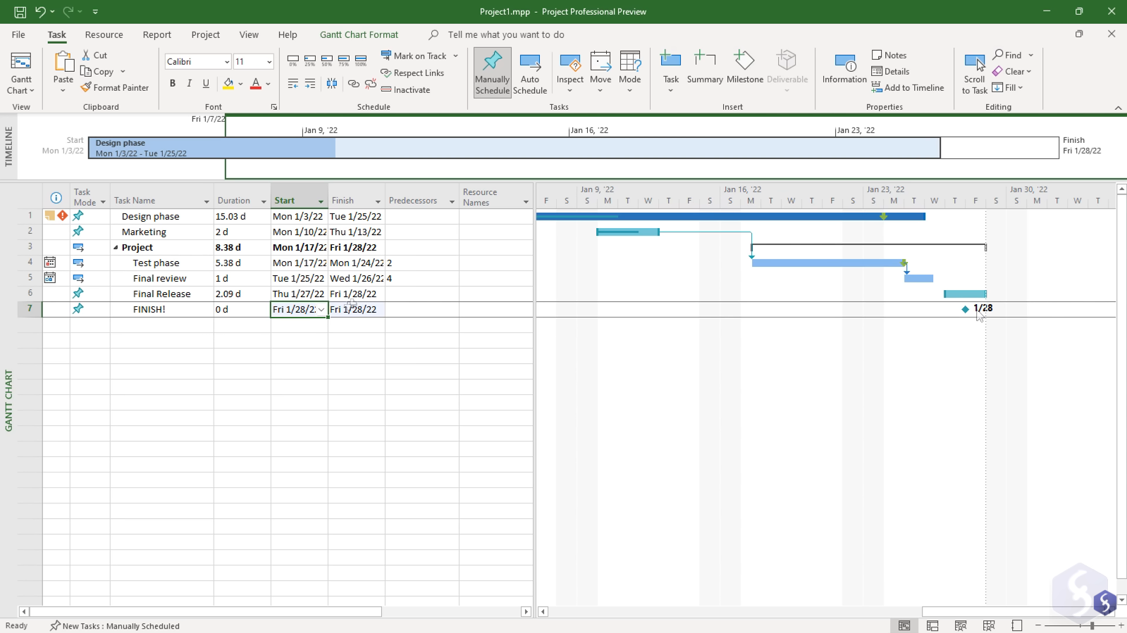 A screenshot of Microsoft Project showing a detailed timeline and task list, illustrating task durations, start and finish dates, and a Gantt chart visualization for a project phase.