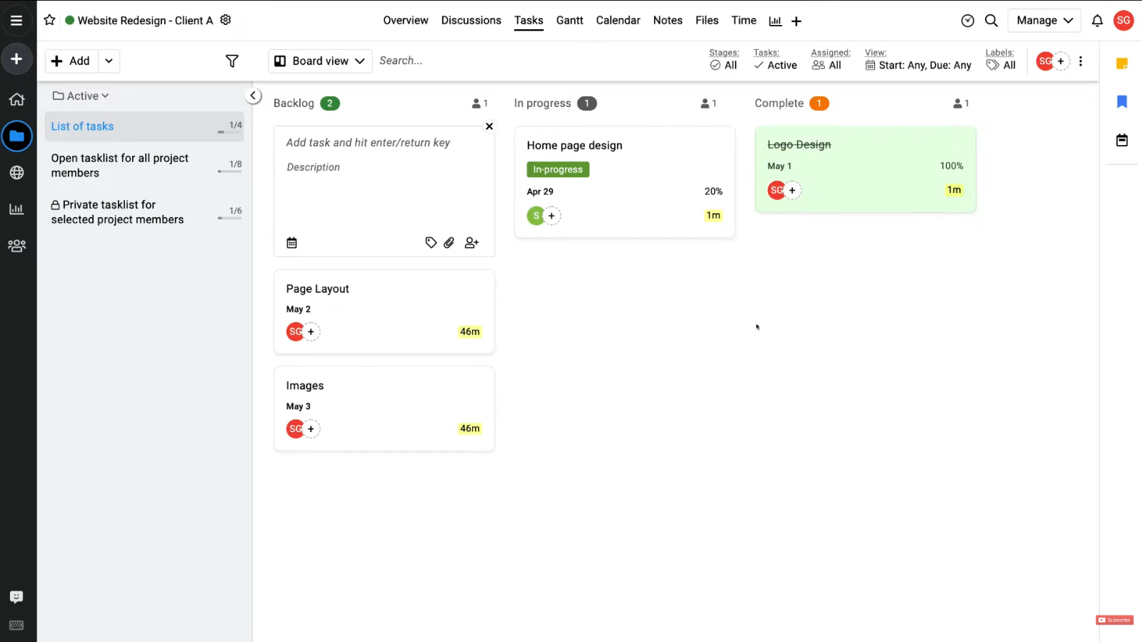 A screenshot of the ProofHub project management software displaying a Kanban board interface. The view organizes tasks into backlog, in-progress, and complete columns, featuring assignees and progress tracking.