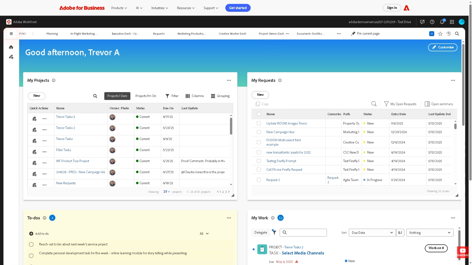 A screenshot of the Adobe Workfront dashboard displaying personal task widgets, including "My Projects," "My Requests," and a "To-dos" list for daily workflow management.